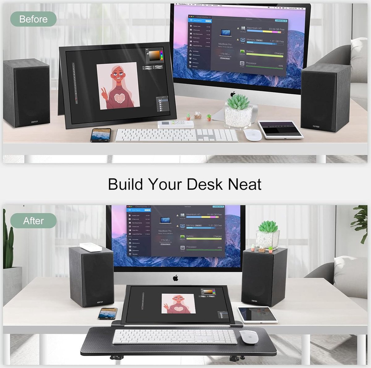 Siiboat Bureauverlenger 25 x 9,4 Ergonomische Computer Tafel Extension Arm Ondersteuning Opvouwbare Toetsenbordlade voor Vierkant Tafelblad - Koolstofvezel