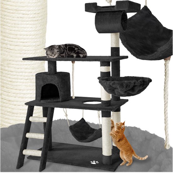 Foto: Tectake kattenkrabpaal krabpaal klimboom 141 cm hoog kattenhuis voor binnen met hangmat grot speeltouw en trap pluche sisal kattenkrabmeubel met speelgoed extra breed zwart