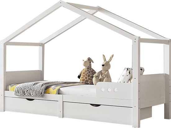Lit Enfant 140 X 200 Cm, Cadre De Lit En Bois Avec Bordure Et Porte Blanc Sans Sommier 93106642