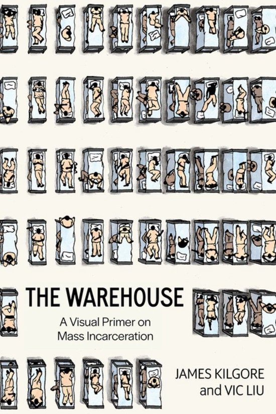 Boek met de titel 'THE WAREHOUSE'. Veel gedetailleerde tekeningen van mensen in bedden.