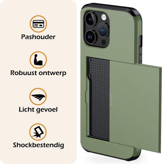 Hoesje Geschikt voor iPhone 14 Pro Max Hoesje Pasjeshouder Shockproof Hard Case Met Screenprotector - Hoesje Geschikt voor iPhone 14 Pro Max Hoes Met Kaarthouder - Donkergroen