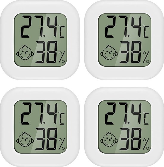 Merdoo 2025 New Hygrometer - Weerstation - Luchtvochtigheidsmeter - Thermometer Voor Binnen - Incl. Batterij & Plakstrip - Set - 4 Stuks Wit