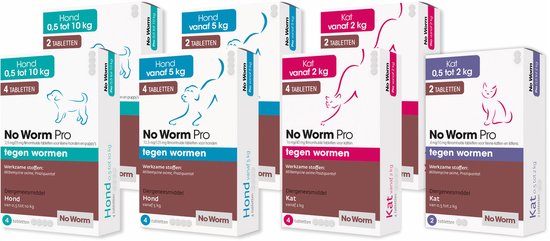 Assortiment No Worm Pro tabletten voor honden en katten in verschillende gewichtsklassen.