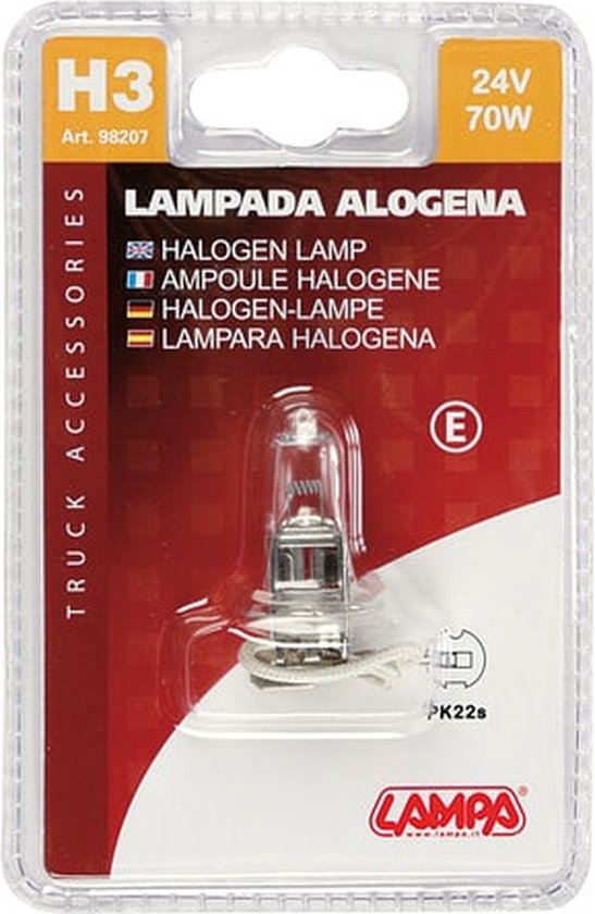 Verpakking met een H3 halogeenlamp, 24V 70W, met metalen voet en kabel