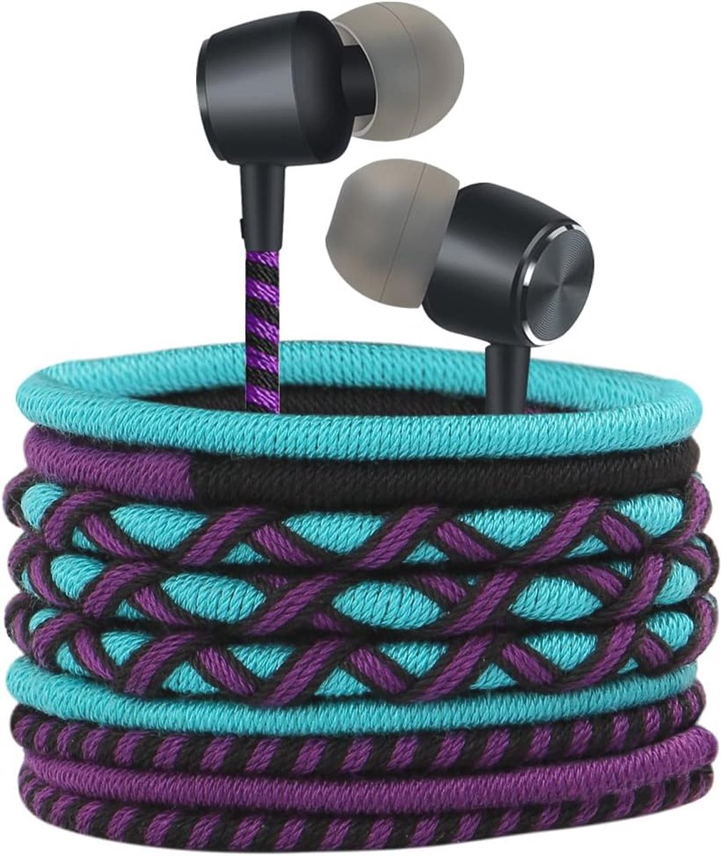 Gevlochten hoofdtelefoon met kabel en microfoon - In-ear met krachtige bas en volumeregeling