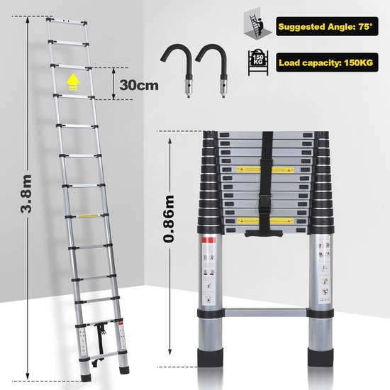 Joparri Aluminium telescopische ladder met afneembare haak uittrekbare, antislip schuifladder, staande, multifunctionele ladder, belasting 150 kg, zwart-geel, 3,8 m