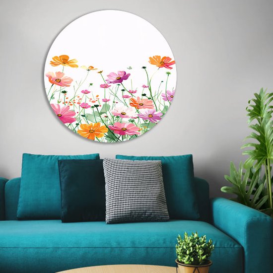 doorkijk rond schilderij - Bloemen rond schilderij - Wandpaneel Planten - Vintage schilderij - Wandschalen - Kunst muurcirkel aluminium 70x70 cm
