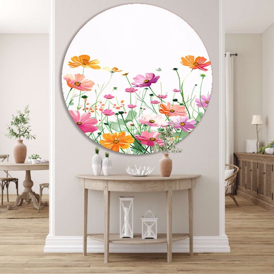 doorkijk rond schilderij - Bloemen rond schilderij - Wandpaneel Planten - Vintage schilderij - Wandschalen - Kunst muurcirkel aluminium 70x70 cm