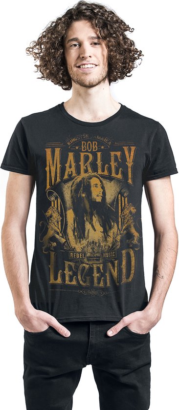Zwart T-shirt met een afbeelding van Bob Marley, omringd door leeuwen en de tekst 'Bob Marley Legend Rebel Music'.