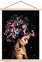 Posterhanger incl. Poster 120x160 cm - Schoolplaat - Bloesem - Vrouw - Roze - Bloemen - Luxe - Textielposter - Blanke latten