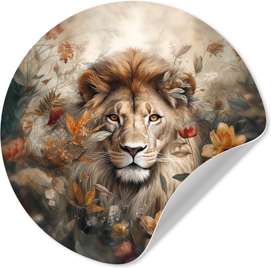 WallCircle® - Behangcirkel 100x100 cm - Muurstickers Leeuw - Wilde dieren - Planten - Natuur - Bloemen - Muurcirkel woonkamer - Wandcirkel slaapkamer - Kamer decoratie zelfklevend - Muurdecoratie accessoires XXL