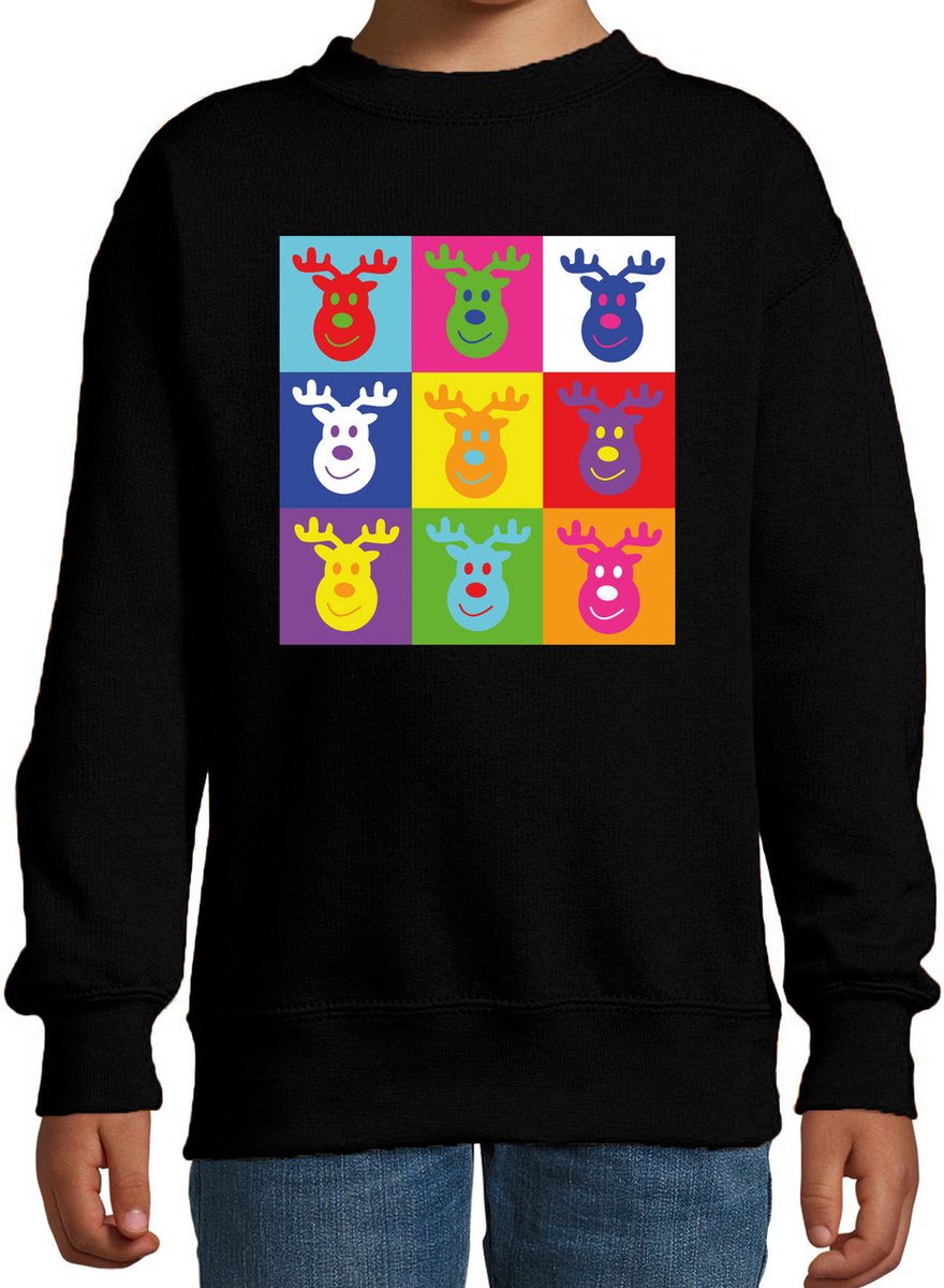 Bellatio Decorations Kersttrui/sweater voor jongens/meisjes - pop art - zwart - Kerst rendier 98/104