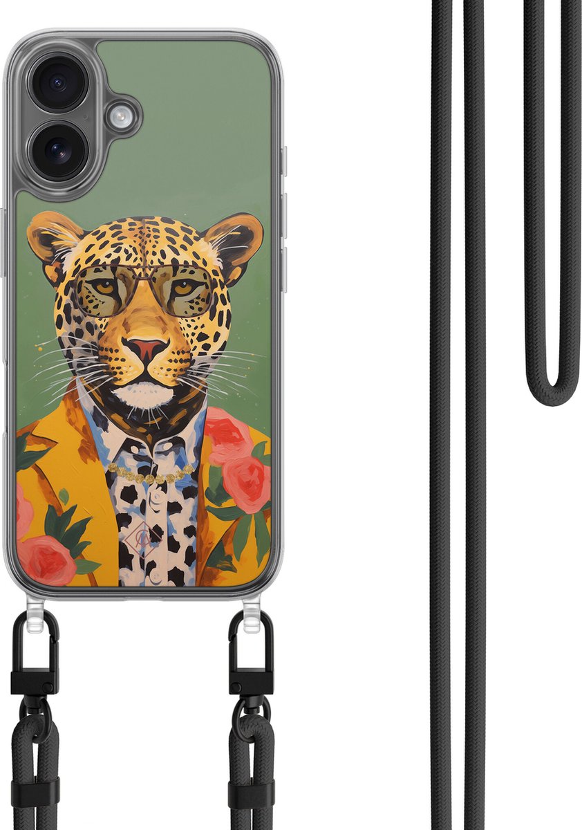 Casimoda® hoesje met koord - Geschikt voor iPhone 16 - Luipaard Hipster - Afneembaar koord - TPU/polycarbonaat - Groen