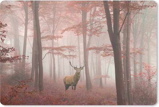 Bureaumat met print van een hert in een mistig rood herfstbos.
