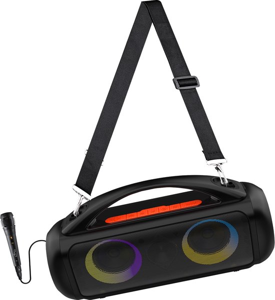 Zwarte luidspreker met schouderband, microfoon en verlichte ronde luidsprekers.