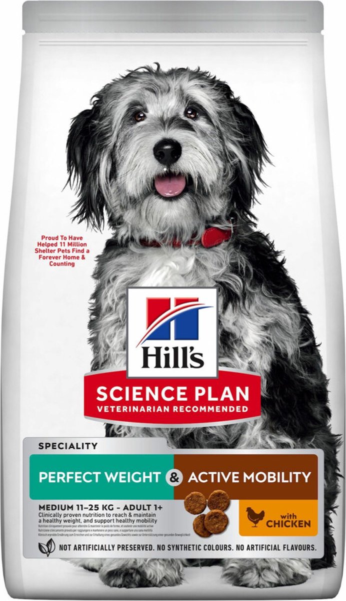 2x 12kg Hill's Science Plan Adult Perfect Weight & Active Mobility Medium met Kip Hondenvoer droog