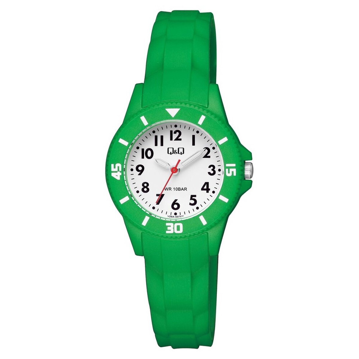 QQ V26A-007VY - Horloge - Sport - Analoog - Kinderen - Unisex - Plastic band - Rond - Kunststof - Cijfers - Groen - Wit - 10 ATM