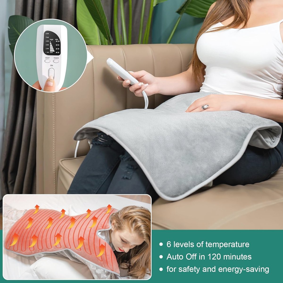 Elektrisch verwarmingskussen voor rug en schouders - 61x94 cm met snelle opwarming en 6 temperatuurniveaus — cadeau in Verzorging - foto 2