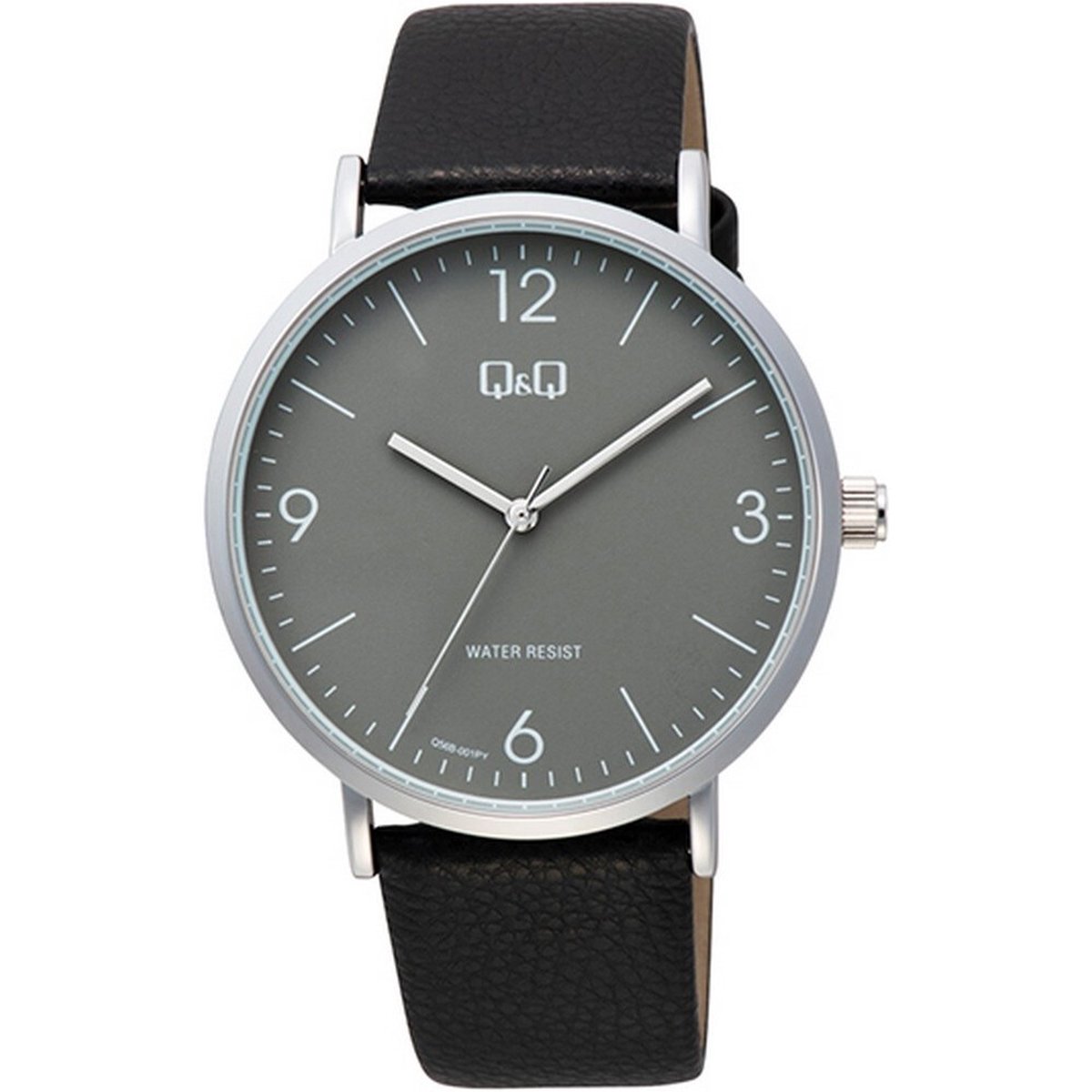 QQ Q56B-001PY - Horloge - Analoog - Heren - Mannen - Leren band - Rond - Metaal - Zwart - Zilverkleurig - Grijs - 3ATM