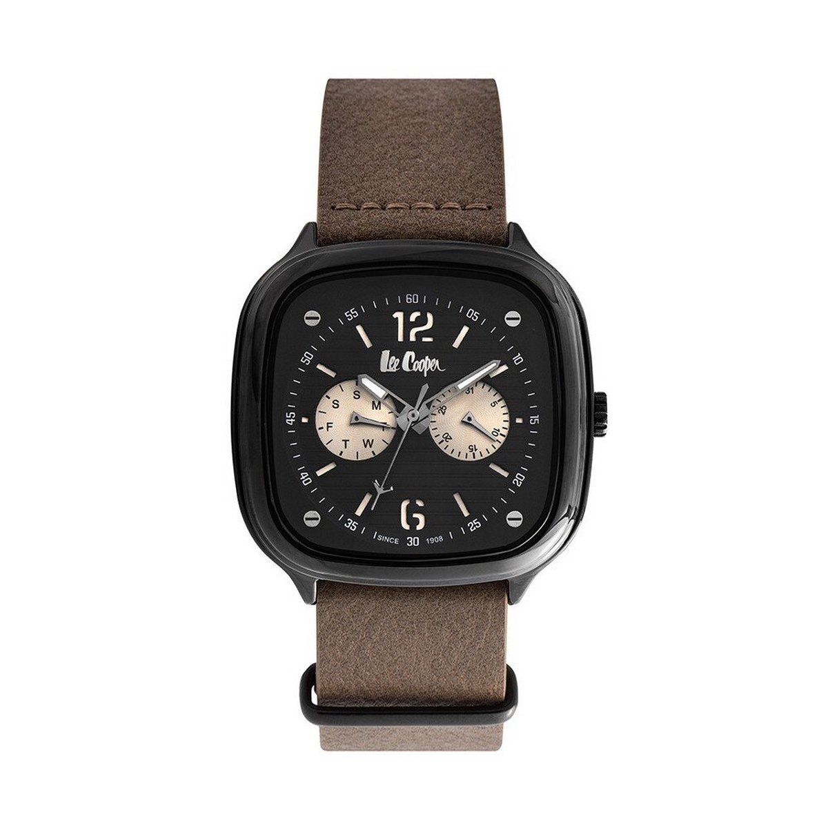 Lee Cooper LC06974.669 - Horloge - Analoog - Mannen - Heren - leren band - Vierkant - Bruin - Zwart - Grijs
