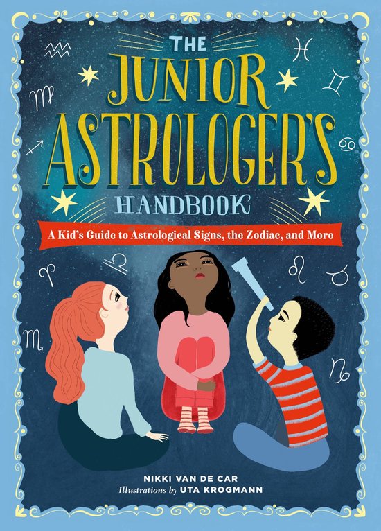 Boekomslag van The Junior Astrologer's Handbook met illustraties van drie kinderen en sterrenbeelden.