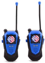 Twee blauwe politie walkie talkies met politie-logo en antenne.