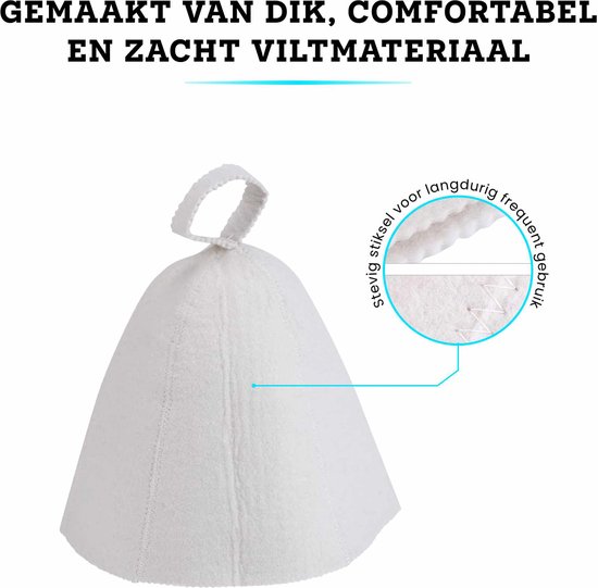 Witte vilten saunahoed met stevige stiksels voor langdurig gebruik.