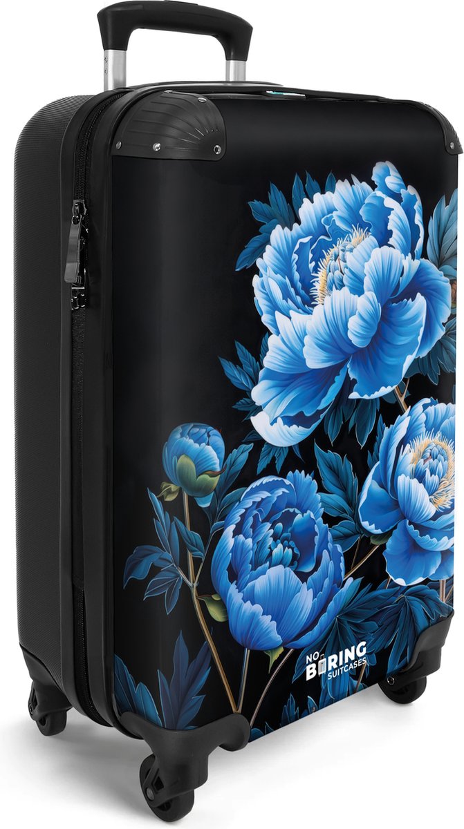 NoBoringSuitcases.com® - Handbagage koffer lichtgewicht - Zwart met blauwe pioenrozen - Vakantie cabine reistrolley - Reiskoffer trolley volwassenen - Rolkoffer op wieltjes - Travel luggage suitcase - Past binnen 55x40x20 en 55x35x25