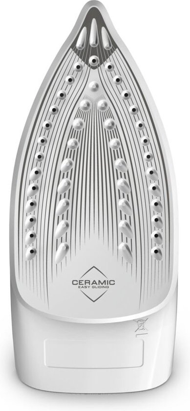 Zilverkleurige strijkzool met ventilatieopeningen en de tekst 'CERAMIC EASY GLIDE'.