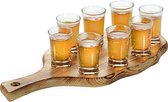 8x Verres à liqueur / verres à shot 8 cm avec support en bois 17 x 40 x 2 cm - Verres à liqueur / jeu de pub - Plateau de service Shots