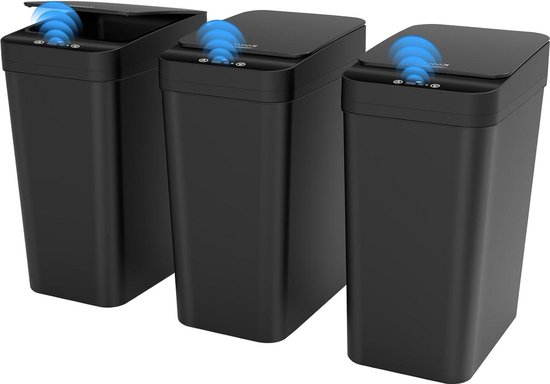 Set van 3 kleine automatische afvalemmer voor de badkamer met deksel - 9 liter contactloze afvalemmer, bewegingsmelder, hondenbestendig