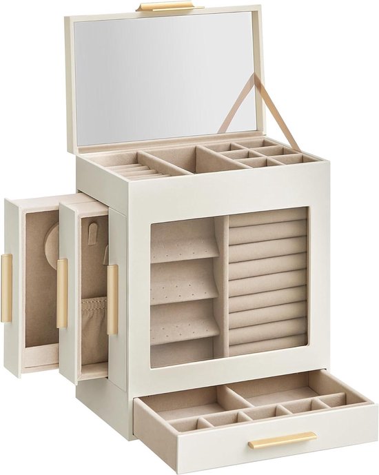 ProCase 5-Laags Houten Sieradendoos Met Spiegel - Natuurlijk Hout Voor Oorbellen, Armbanden & Kettingen
