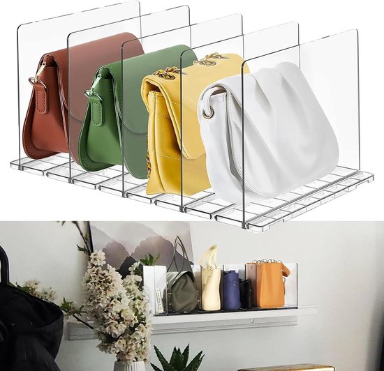 SURETIVIAN 2-pack portemonnee organisatoren voor kast, verstelbaar plank verdeler rek voor kast, doorzichtige grote handtas opslag organizer, kunststof boekenplank separator verdeler voor slaapkamer