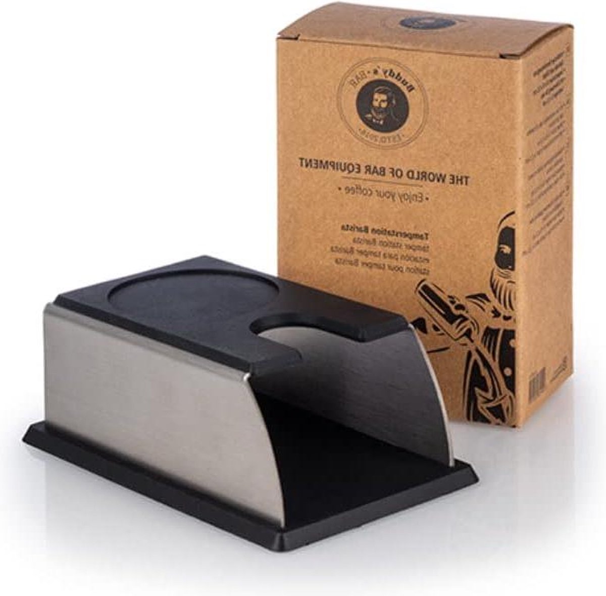 Premium stamperstation voor espresso zeefdragers - Barista Edition 14 x 7/9 cm H: 55 cm - gematteerd roestvrij staal