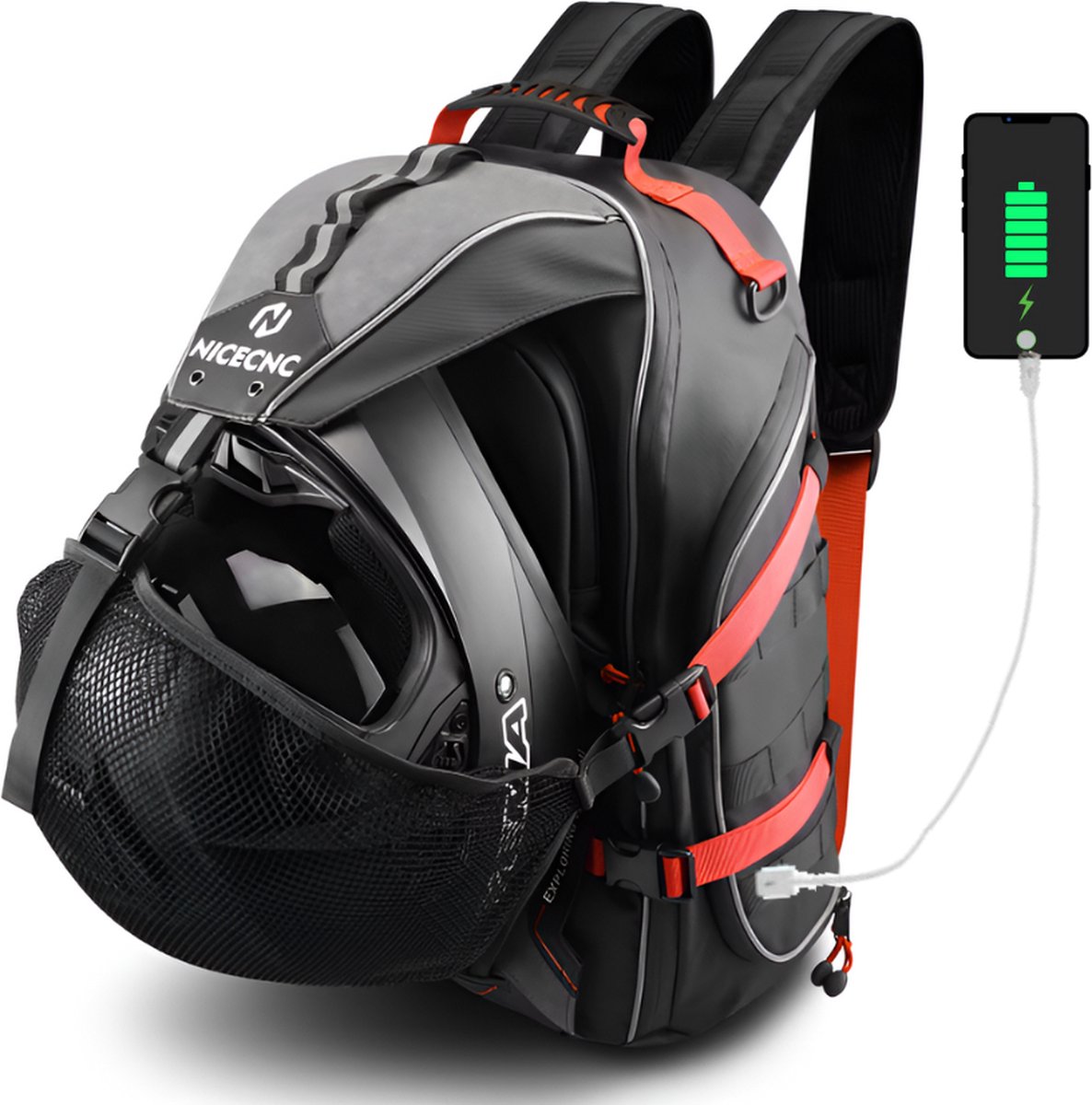 CarryQuest® - Motor Rugzak - Motorfiets Rugzak - Waterdicht 35L met USB Oplaadpoort - Effen Zwart - Ergonomisch Ontwerp + 3 Opbergvakken - Rood