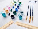 Verf op nummers kit met acrylverf potjes, kwasten en houten lijst. 'Figured'Art' logo.