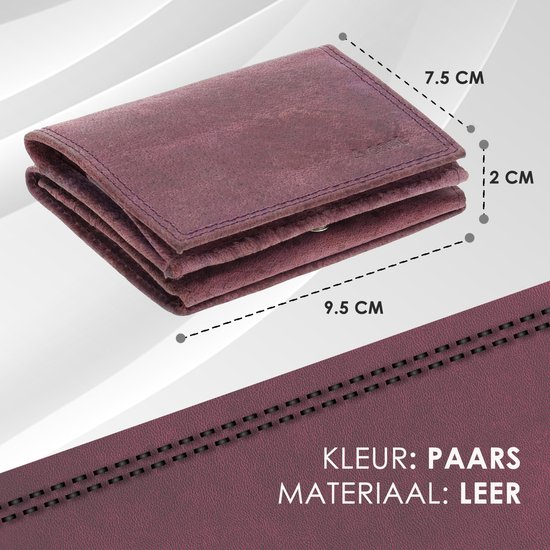 Paarse portemonnee van leer, 9,5 x 7,5 x 2 cm, met stiksels.