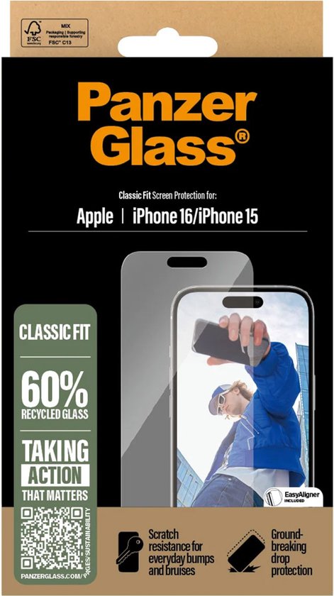 PanzerGlass verpakking voor iPhone 16, met productafbeelding en tekst 'Classic Fit'.