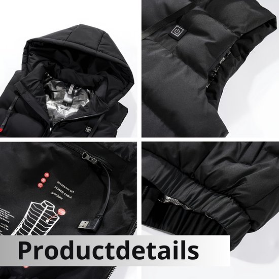 Collage de détails de gilet noir, y compris la fermeture éclair et l'intérieur. "Détails du produit".