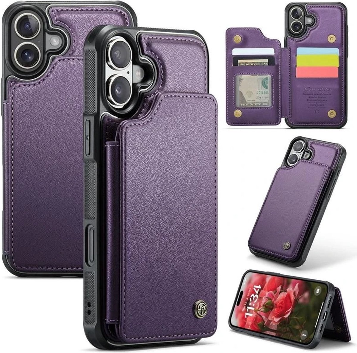 Luxe Portemonnee Backcover met Anti-RFID kaarthouders voor iPhone 16 _ Paars