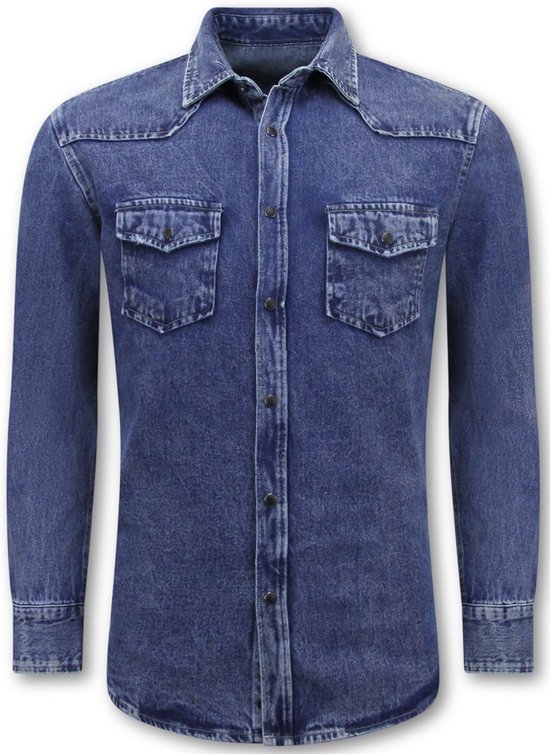 Spijkerblouse Heren - Spijkeroverhemd Mannen - Denim Overhemden - Overhemden Heren Lange Mouwen - Blauw