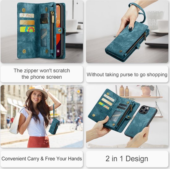 Étui portefeuille Solidenz iPhone 16 Pro - Étui portefeuille iPhone 16 Pro - Étui téléphone 16 Pro - Étui 16 Pro avec porte-cartes - Avec poche zippée - Avec dragonne - Bleu