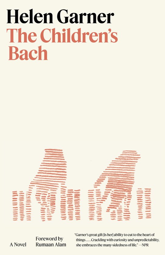 Boekcover van 'The Children's Bach' door Helen Garner, met koraalrode lijnen die twee handen vormen.
