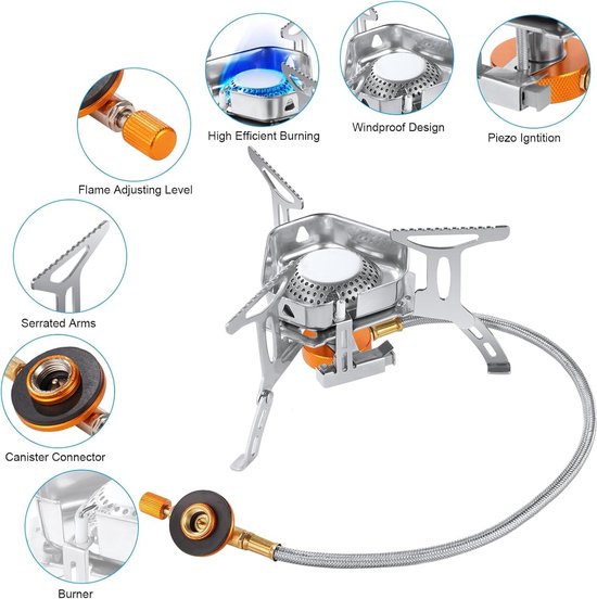 Adiwo Camping Gasfornuis, Winddichte Backpacking Brander Kookfornuizen 6800W, Opvouwbare Rocket Camping Stove met Draagdoos, Outdoor Camping Gasbrander voor Koken, Wandelen, Kamperen, Trekking, Picknick