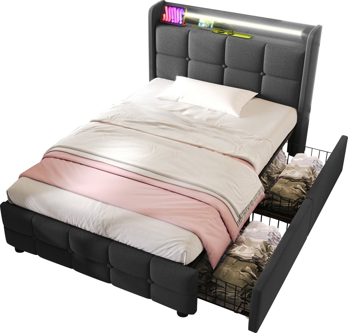 Merax Gestoffeerd Bed 90x200 cm met USB‑Aansluiting en LED Verlichting – Eenpersoonsbed met 2 Lades – Grijs