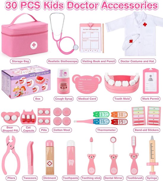 DeAO Kit Suitcase Doctor Kids, Game Girl Doctor Car Doctor Nurse with Stethoscope Syringe Simulation Kit with Accessories | Pink