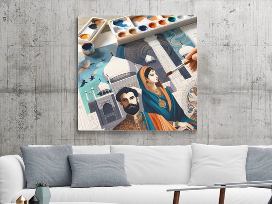 Olieverf dikke dames schilderij | Kleurrijke voluptueuze vrouwen dansen vrolijk op het doek samen | Kunst - 75x75 centimeter op Forex | Foto op Forex
