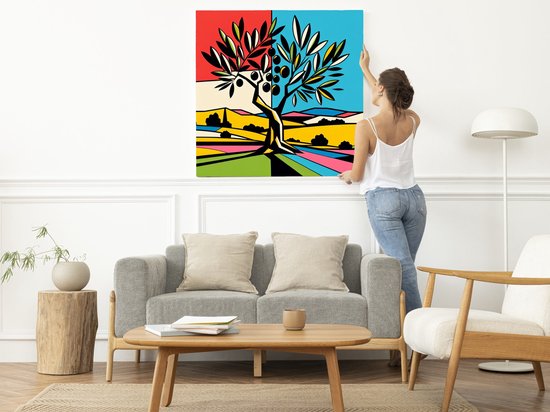 Pop art olijfboom schilderij | Abstracte olijfboom in levendige pop art kleuren geschilderd | Kunst - 80x80 centimeter op Forex | Foto op Forex