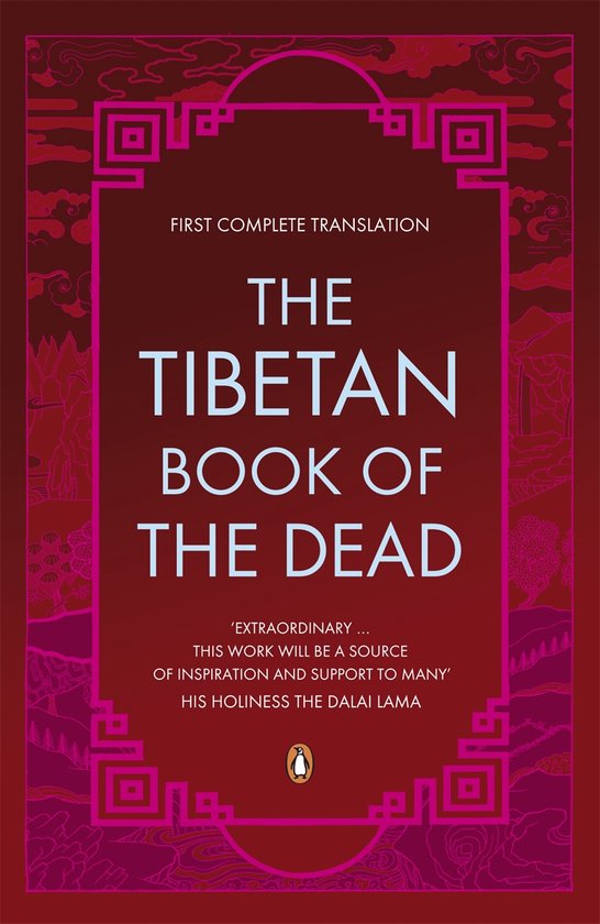 Gouden letters op een rode kaft met een geometrisch kader, de titel 'The Tibetan Book of the Dead' is centraal geplaatst.