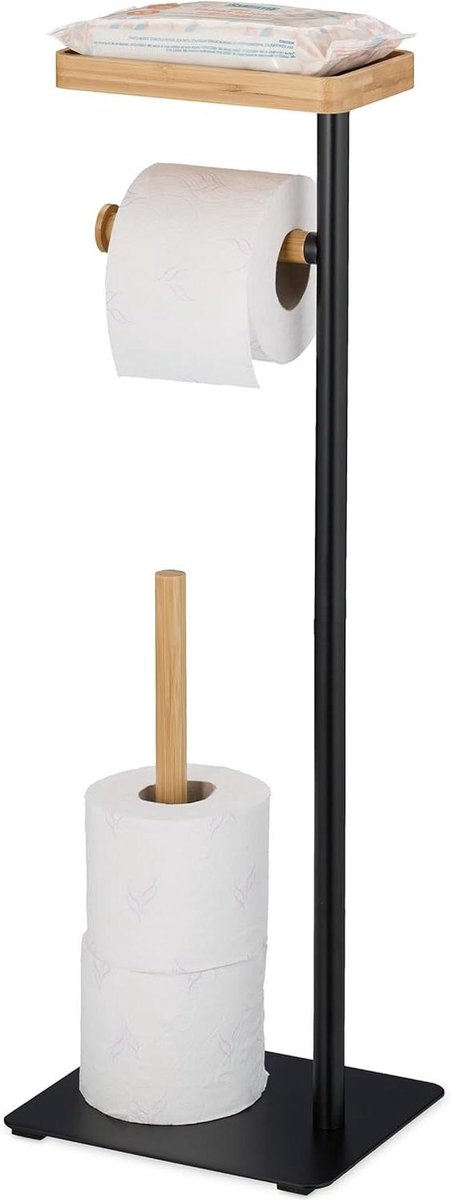 Toiletrolhouder met plankje - Staande wc-rolhouder voor reserverollen - IJzer en bamboe - Zwart natuur